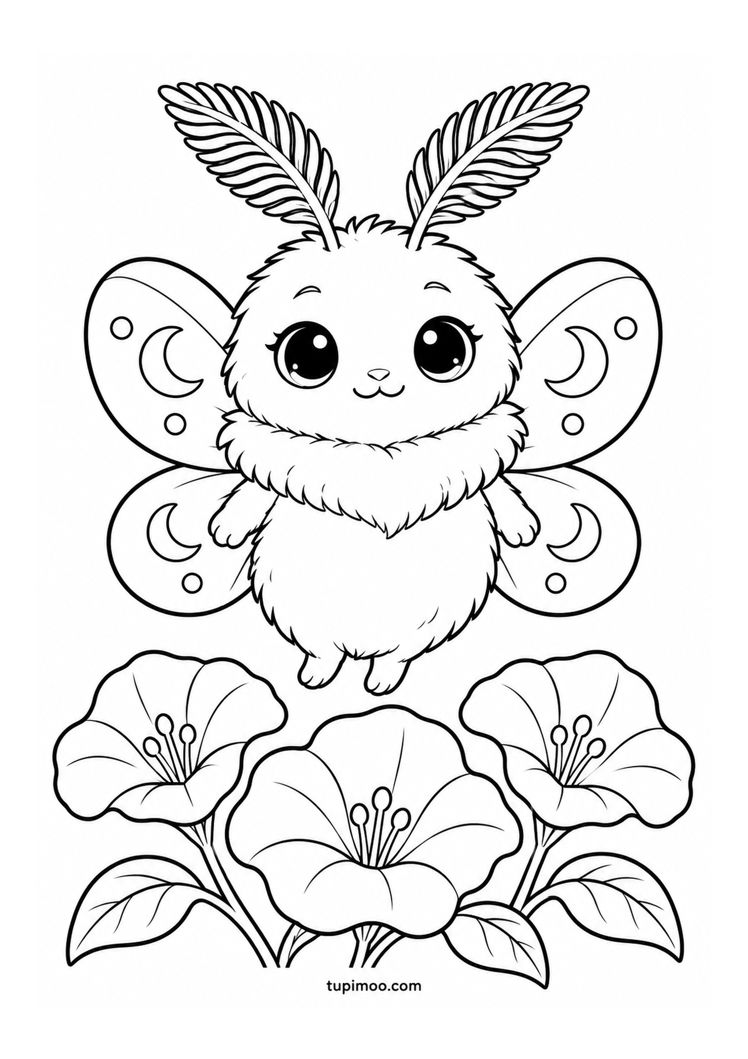 Black line-art colouring preview: Mothie’s moonflowers