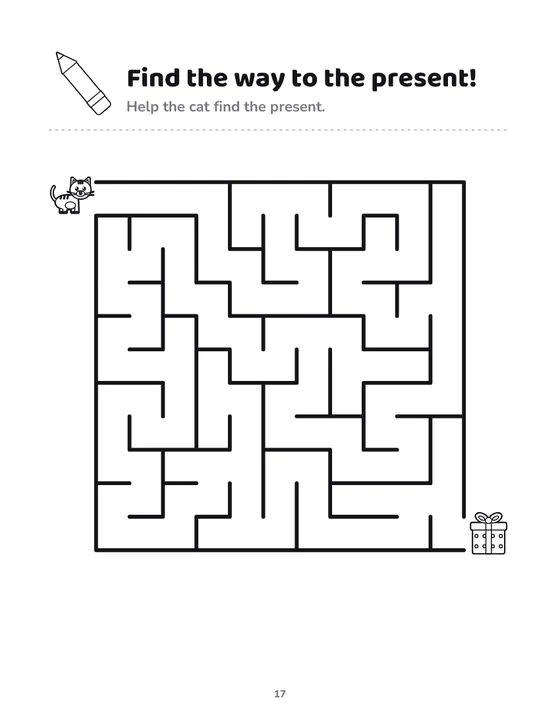 Sample page from the book: a maze where the cat finds the present