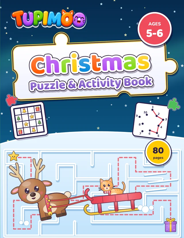 Cover of the Tupimoo Christmas Puzzle and Activity Book for ages 5-6