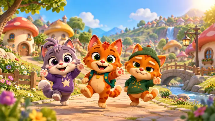 Redny the orange kitten walks through a sunny village with his friends Luna and Bruno