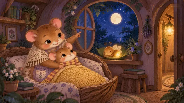 Mama dormouse and little Nell look out at the moon from a cozy basket bed