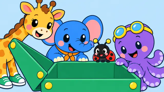 A giraffe, an elephant, a ladybug and an octopus peeking into a big green box