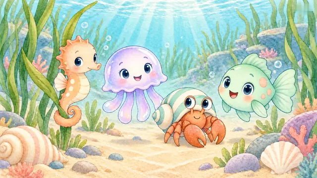 A seahorse, a jellyfish, a little fish and a hermit crab in a sunny bay