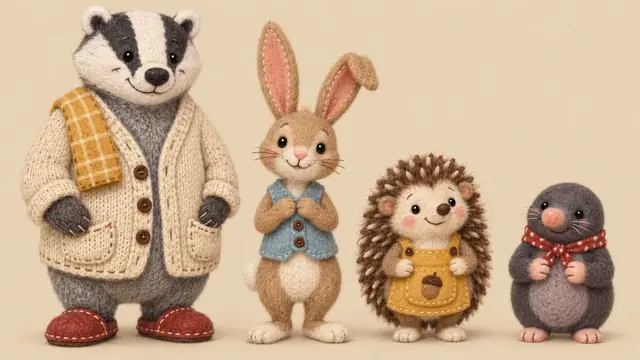 Felt toy badger, hare, hedgehog and mole standing in a row