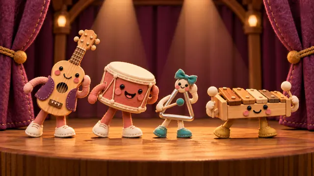 A ukulele, a drum, a triangle and a xylophone as smiling characters on a small stage