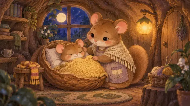 A little dormouse asleep in a basket bed while her mother tucks her in