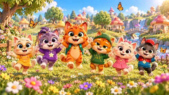 Redny the kitten and his friends dancing in a flower meadow